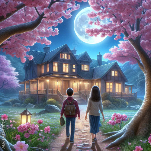 A boy and a girl walk under a cherry blossom tree towards a beautiful bungalow on a moonlit night