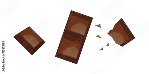 Cracked Chocolate Bar Isolated On White Background, Chocolate Crumbs Vector Illustration.   