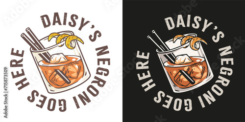 Negroni cocktail vector with ice and slice of orange for cocktail bar or drink summer party. Negroni sbagliato or alcohol cocktail for beach bar and cafe menu