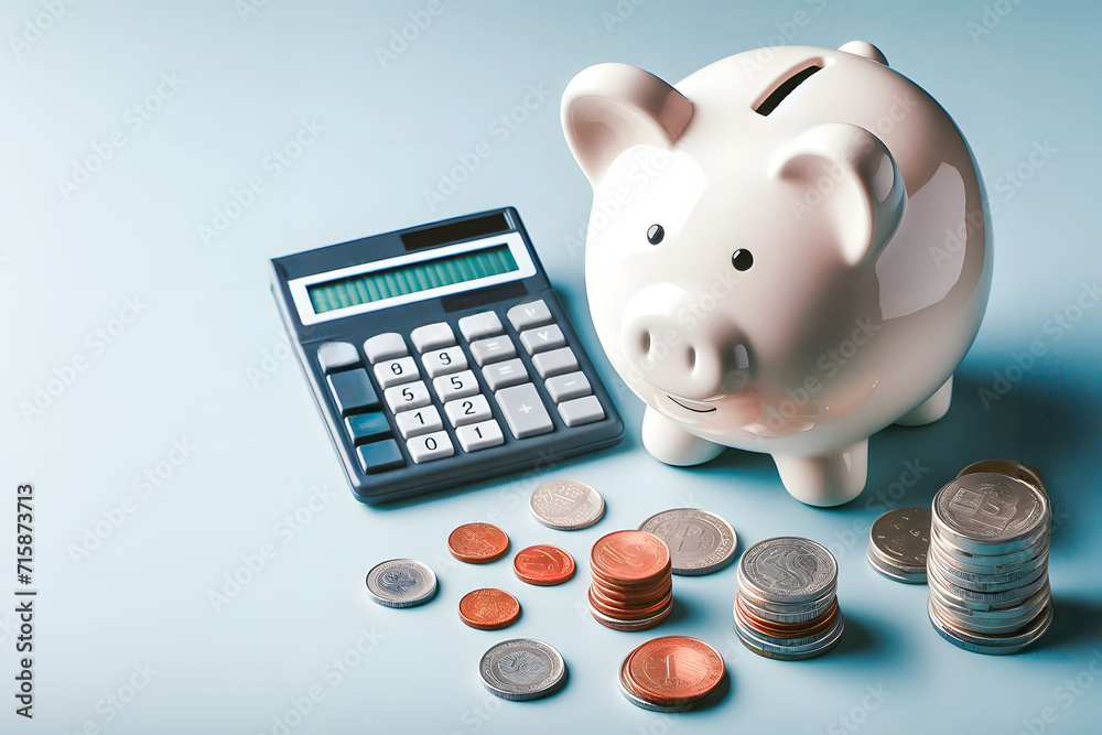 Personal Finance Management: Piggy Bank, Coins, and Calculator on a Blue Background - obrazy, fototapety, plakaty 