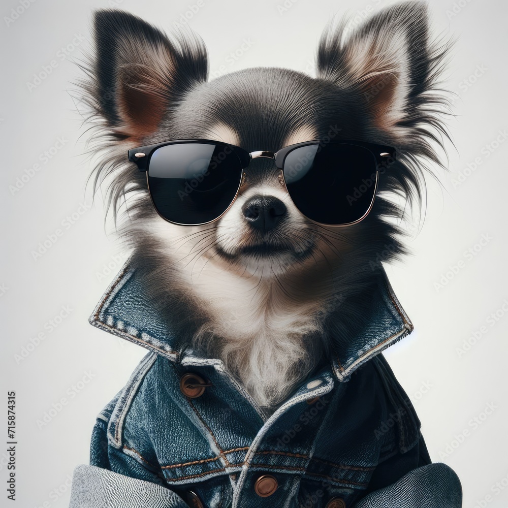 a dog in a denim jacket and sunglasses