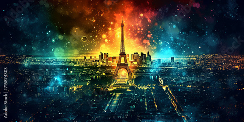 light bright saturated nona modern abstract illusstration with free space for text Embark on a visual odyssey to Paris 2024! Witness a luminous fusion of Parisian landmarks and vibrant Olympic sports  photo