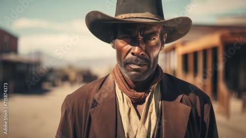Photorealistic Old Black Man with Brown Straight Hair retro Illustration. Portrait of a person in western movie vintage style. Cowboy spirit Ai Generated Horizontal Illustration.