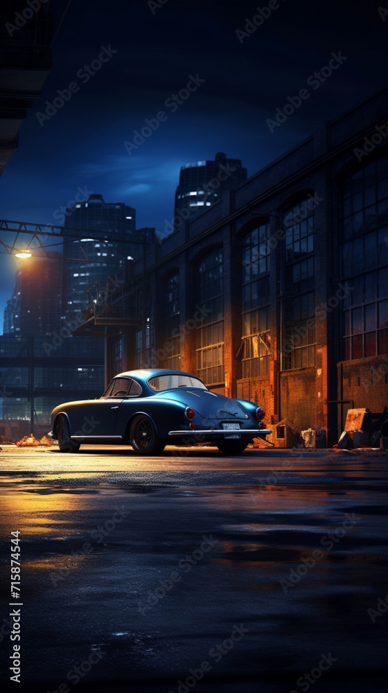 A deep cerulean blue super-sport car, speeding past dark, industrial warehouses,