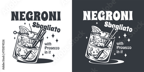 Negroni cocktail vector with ice and slice of orange for cocktail bar or drink summer party. Monochrome negroni sbagliato or alcohol cocktail for beach bar and cafe menu