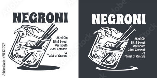 Negroni cocktail vector with ice and slice of orange for cocktail bar or drink summer party. Monochrome negroni sbagliato or alcohol cocktail for beach bar and cafe menu
