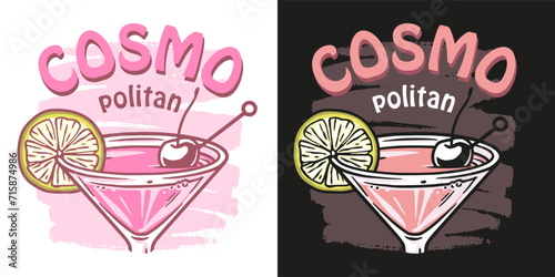 Cosmopolitan cocktail vector with orange zest for cocktail bar or drink summer party. Alcohol cocktail with vodka for beach bar and cafe menu