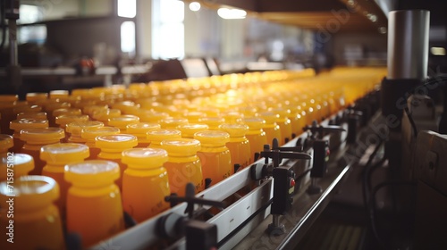 Modern equipment in beverage factory interior with juice bottles on belt conveyor