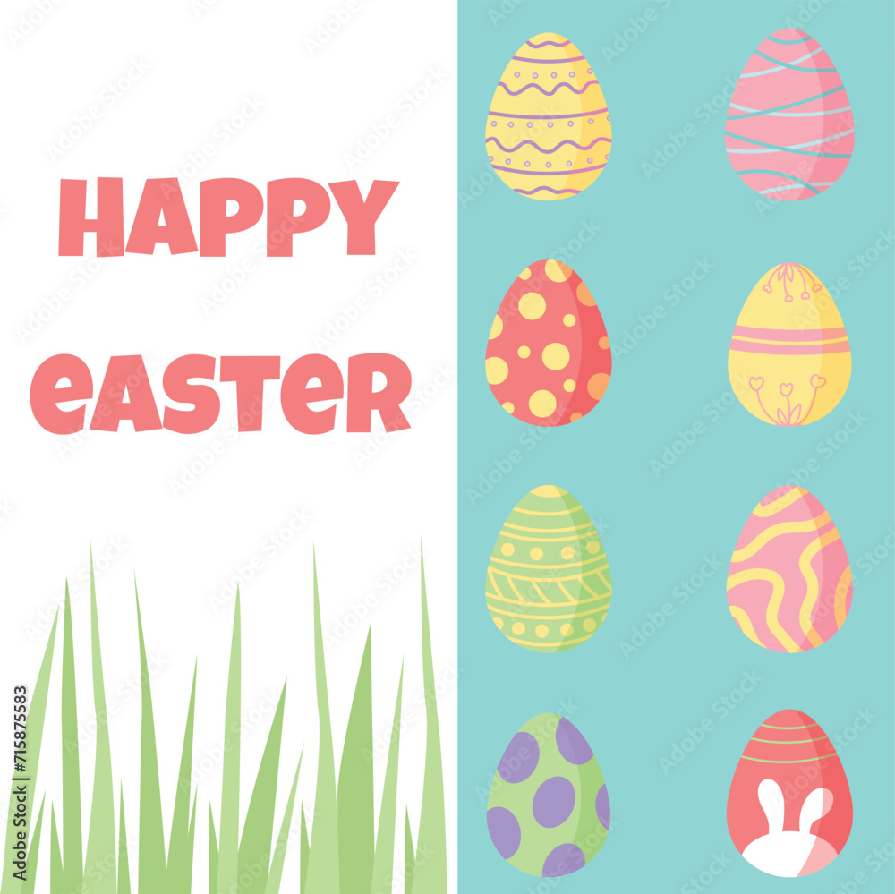 Happy easter design for card, poster, banner. Flat vector illustration with eggs, grass and text.