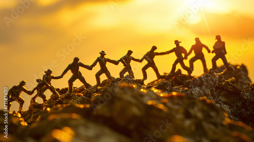 Teamwork and Unity at Mountain Summit at Sunset