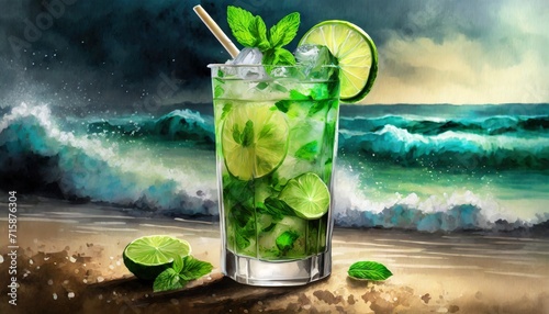 mojito with lime on a beach with a stormy sea 