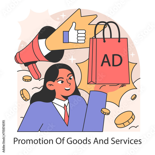 Promotion of goods and services concept. A marketer approves ad impact, surrounded by symbols of successful advertising and consumer engagement. Flat vector illustration.
