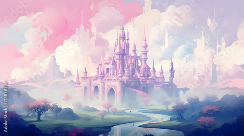 Illustration of a fairytale dreamlike castle in pastel colors, magical and mystical medieval kingdom, generative © Prasanth