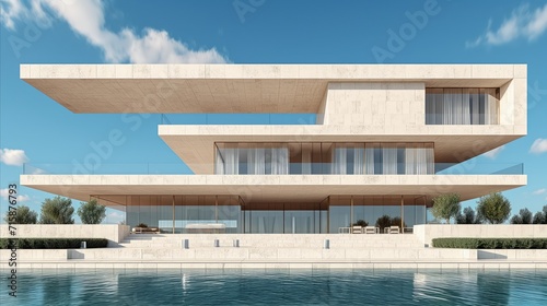 Modern luxury villa with unique geometric architecture by waterfront © Mustafa