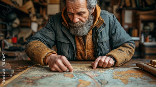 Senior craftsman intently planning a route on a vintage world map