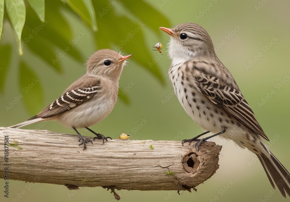 Fototapeta premium A spotted flycatcher (Muscicapa striata) feeding a young bird on a metal fence, Hesse, Germany, Europe 