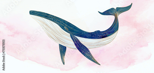 Art background in watercolor style with a blue whale with golden line elements in pink clouds or waves. Vector animalistic banner for decoration, print, textile, poster, wallpaper, interior.