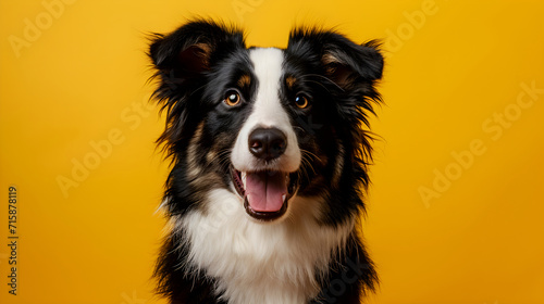 Border collie isolated on yellow background with copy space. Close up portrait of happy smiling sheepdog dog face head looking at camera. Banner for pet shop. Pet care and animals concept for ads card photo