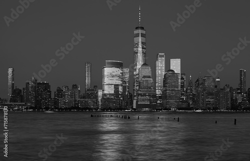 Black and white photo of Manhattan skyline at night, New York City, USA. © MaciejBledowski