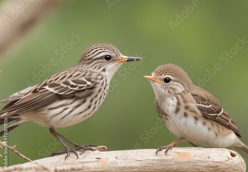 A spotted flycatcher (Muscicapa striata) feeding a young bird on a metal fence, Hesse, Germany, Europe
 photo