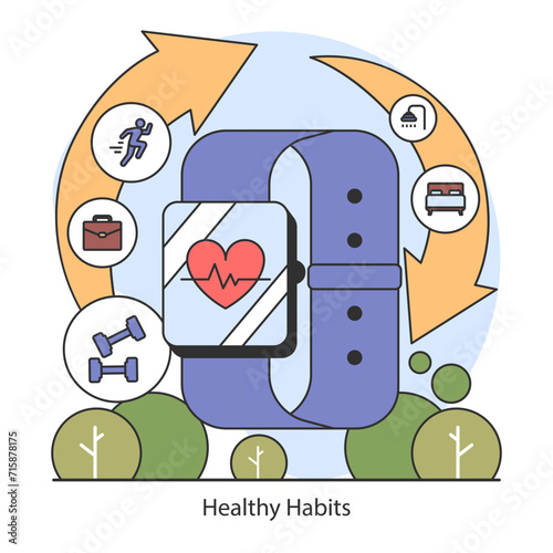 Dopamine fasting concept. Showcases a smartwatch tracking health metrics, advocating for physical activity and balanced life. Flat vector illustration.