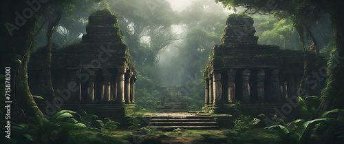 Ancient Abandoned Jungle Temple: Moody Atmosphere with Surrounding Trees photo