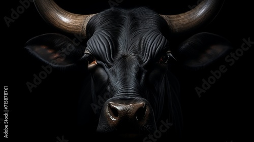 Majestic bull portrait with intense gaze and powerful presence on isolated black background