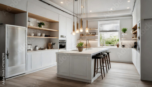 minimalist kitchen with white cabinets, open shelving, and pendant lighting © Bottom