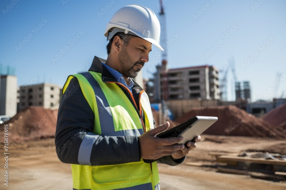 Worker using tablet at a construction site. Technology background. Worker using tablet at a construction site. Technology background.