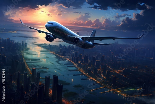 Airplane ascending over illuminated cityscape at sunset. Digital illustration.