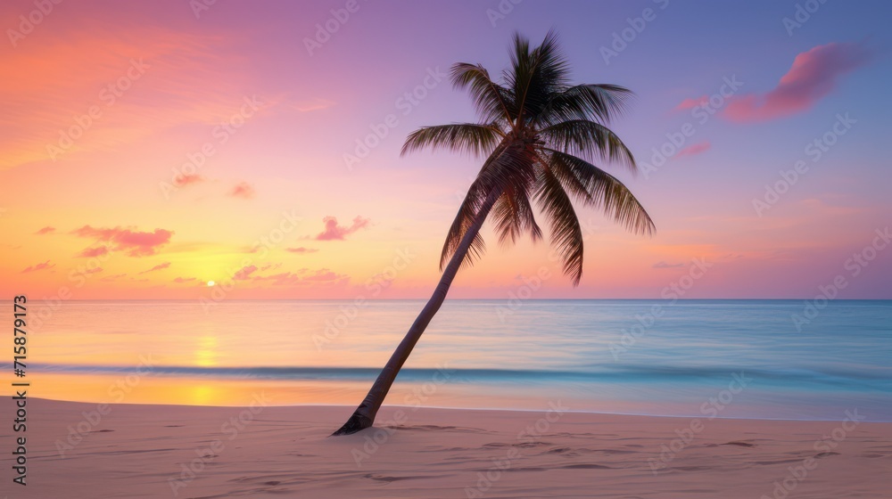 Breathtaking view of sunset at tropical beach with palm silhouette. Nature background.