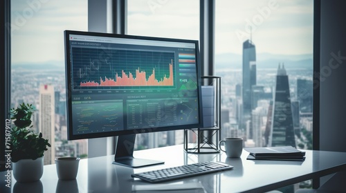 Modern office desk with analytics on screen and cityscape view.