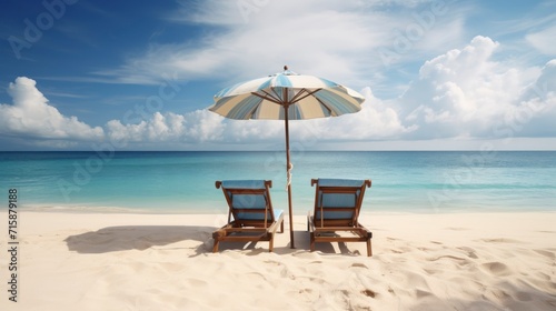 Beach chairs and umbrella on the tropical beach with blue sky background