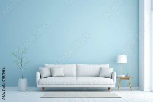 Modern living room with white sofa and blue wall.