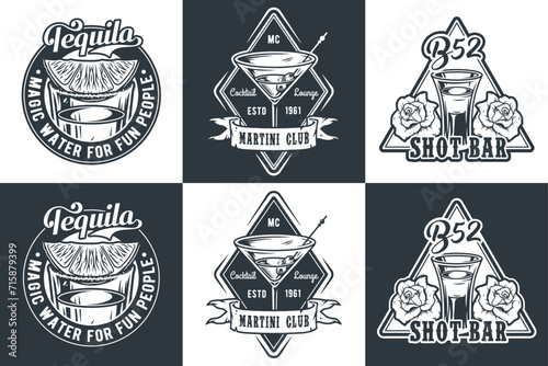 Tequila shot and martini vector set with lime and fire for alcohol cocktail bar or drink party. Vintage and retro emblem design collection for barman or bartender