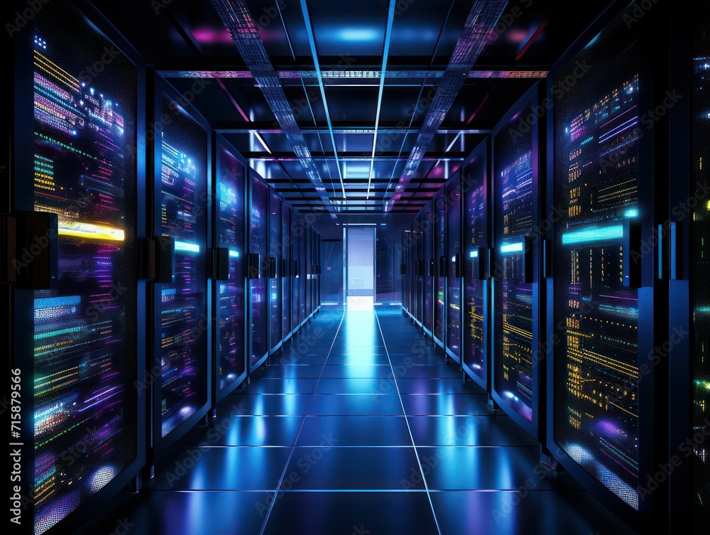 Modern data center with illuminated servers and blue lighting. Digital illustration.
