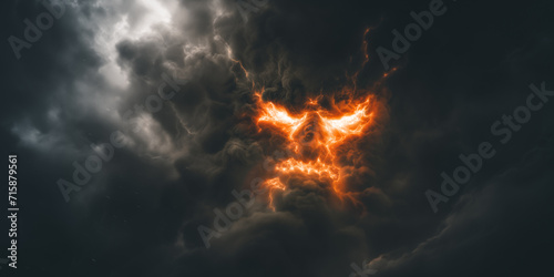 Fiery lightning devil head through the dark clouds.