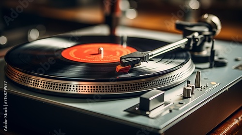 Classic vinyl record close up of vibrant grooves and reflective surfaces in bright light