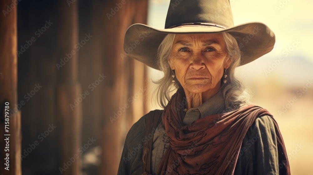 Photorealistic Old Latino Woman with Blond Straight Hair retro Illustration. Portrait of a person in western movie vintage style. Cowboy spirit Ai Generated Horizontal Illustration. Photorealistic Old Latino Woman with Blond Straight Hair retro Illustration. Portrait of a person in western movie vintage style. Cowboy spirit Ai Generated Horizontal Illustration.
