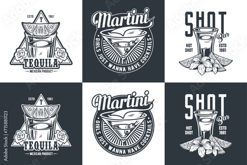 Tequila shot and martini vector set with lime and fire for alcohol cocktail bar or drink party. Vintage and retro emblem design collection for barman or bartender