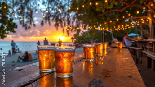 Chilled beer glasses on beachside bar table at sunset with twinkling lights