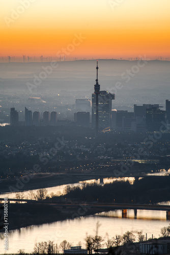 Left bank of the Danube river in the capital city of Austria, Vienna at dawn, just before sunrise