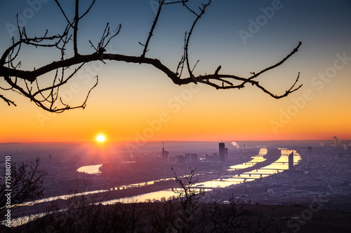 Beautiful aerial sunrise view on Vienna, the capital city of Austria with the two streams of the Danube river and a dominant silhouette of a leafless winter branch in the foreground