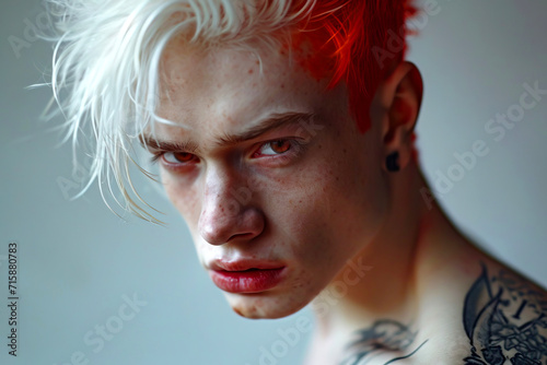 Portrait of a beautiful casual model with tattoos, piercings, red lips and white hair