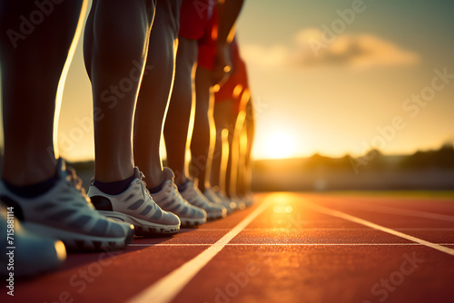 Runners at the starting blocks on a track field, poised and ready for a sprint race, embodying the spirit of competitive sports 