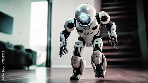  A futuristic robot walking at home