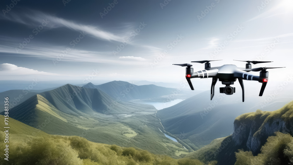 Drone with digital camera flying against a background of nature. Generative AI Drone with digital camera flying against a background of nature. Generative AI