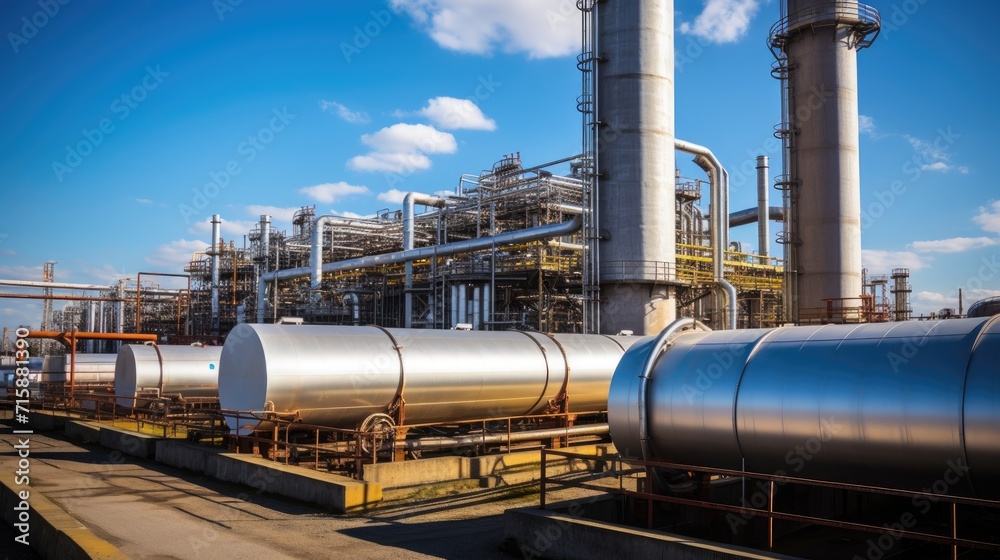 Hydrogen power plant large steel tanks and pipes. Big power plant pipes and steel tanks. Industry banner Hydrogen power plant large steel tanks and pipes. Big power plant pipes and steel tanks. Industry banner