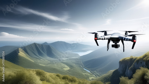 Drone with digital camera flying against a background of nature. Generative AI