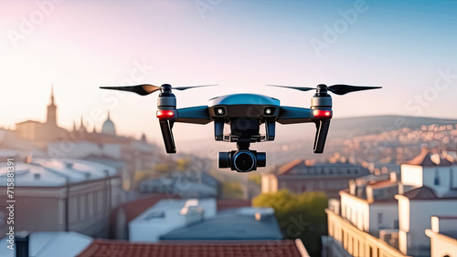 Drone with digital camera flying over the city. Generative AI